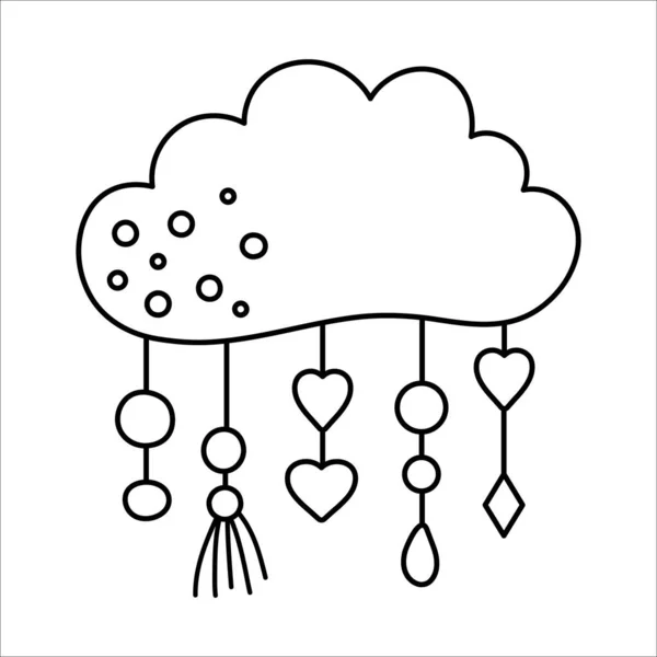 Vecteur Boho Noir Blanc Nuage Avec Pendentifs Icône Ligne Bohème — Image vectorielle