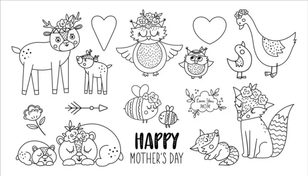 有父母的病媒宝宝动物 有趣的林地动物场景显示了家庭的爱 可爱的母亲节设计元素集合 母子关系 用于卡片 印刷品 — 图库矢量图片