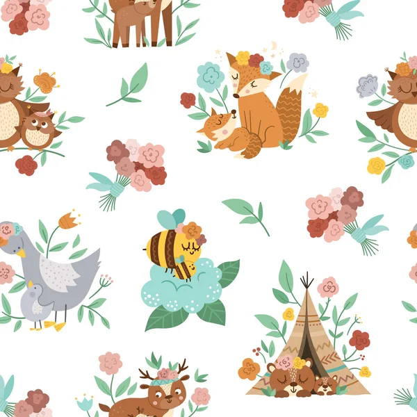 Vector Naadloos Patroon Met Bloemen Schattige Boho Baby Dieren Ouders — Stockvector