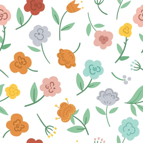 Vektorflorales Nahtloses Muster Handgezeichnete Flache Trendige Illustration Mit Blumen Und — Stockvektor