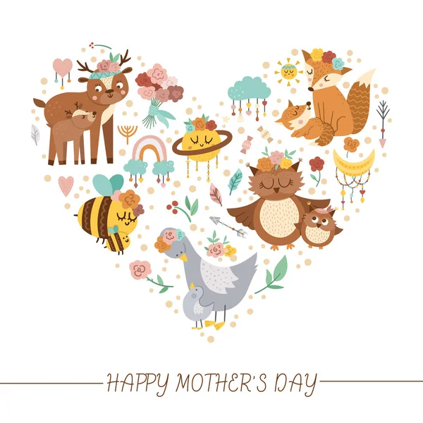 有母亲节元素的矢量心形框架 家庭爱情的概念 邀请函的设计 可爱的Boho风格节日卡片模板与森林动物 — 图库矢量图片