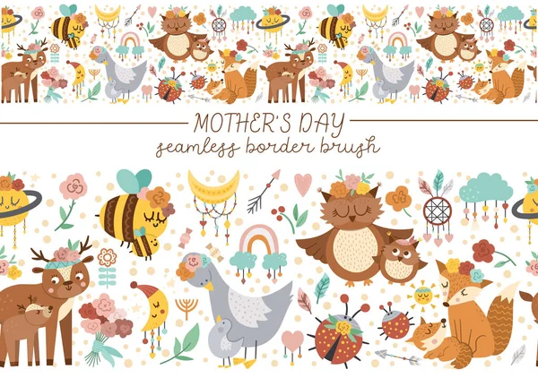 向量水平无缝边界与母亲节字符和元素 与可爱的森林里的小动物和表现出家庭爱心的父母重复刷牙 有趣的Boho风格假日模式 — 图库矢量图片