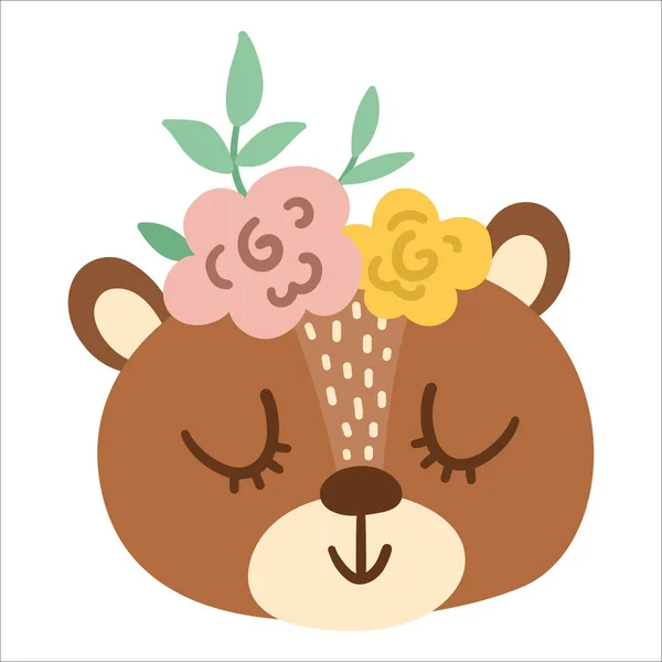 Vector Cute Wild Animal Face Flowers Head Closed Eyes Boho — Stock Vector