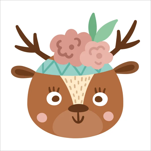 Vector Cute Wild Animal Face Flowers Head Boho Forest Avatar — Stock Vector