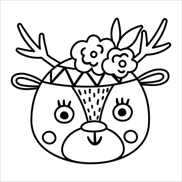Vecteur Noir Blanc Mignon Visage Animal Sauvage Avec Des Fleurs — Image vectorielle