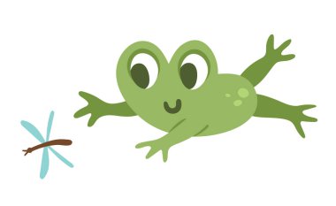 Vector frog jumping for dragonfly. Funny woodland swamp animal. Cute forest illustration for kids isolated on white background. Green cartoon toad ico vector Vector frog jumping for dragonfly. Funny woodland swamp animal. Cute forest illustration for kids isolated on white background. Green cartoon toad ico vector
