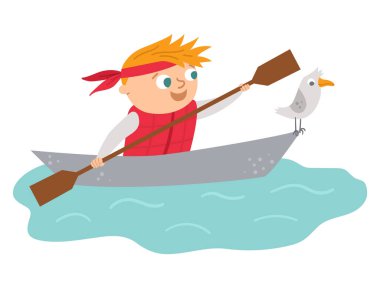 Kano süren sevimli çocuk. Kamp ateşi rafting sahnesi. Teknede kürek çeken tatlı bir çocuk ve martı. Gezgin beyaz arka planda izole edilmiş. Açık deniz aktivitesi ya da yaz kampı turist ikonu.