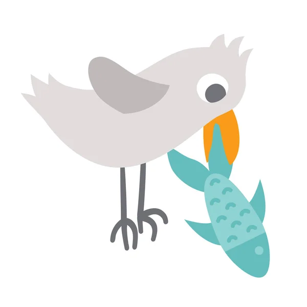 Pássaro Vetor Com Peixe Bico Floresta Engraçada Animal Marinho Ilustração —  Vetores de Stock