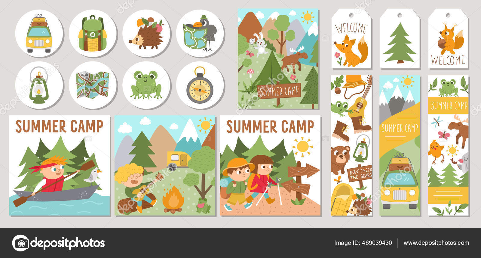 Cute Set Summer Camp Cards Forest Animals Camping Elements Kids Stock