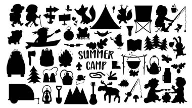 Vector summer camp silhouettes set. Camping, hiking, fishing equipment black and white collection with cute kids and forest animals. Outdoor nature tourism stamps pack with backpack, van, fir vector Vector summer camp silhouettes set. Camping, hiking, fishing equipment black and white collection with cute kids and forest animals. Outdoor nature tourism stamps pack with backpack, van, fir vector