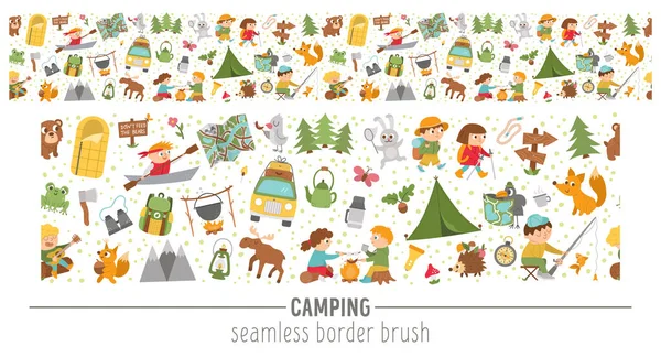 Vector Summer Camp Seamless Pattern Brush Camping Hiking Fishing Equipment — Stock Vector