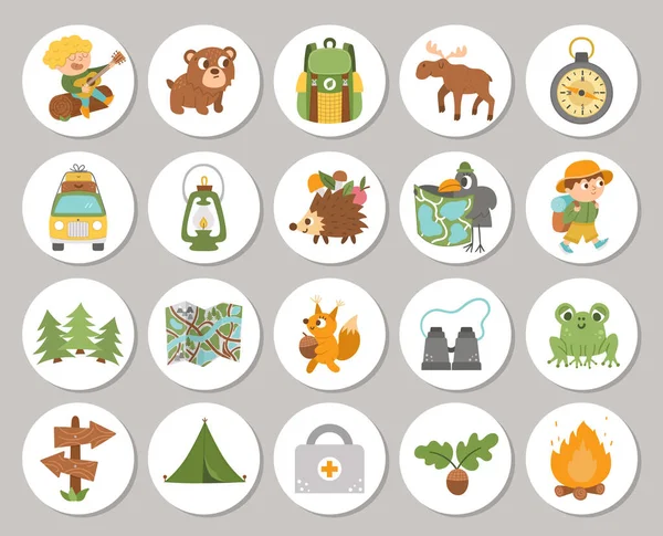 Jeu Mignon Cartes Rondes Camp Été Avec Des Animaux Forêt — Image vectorielle