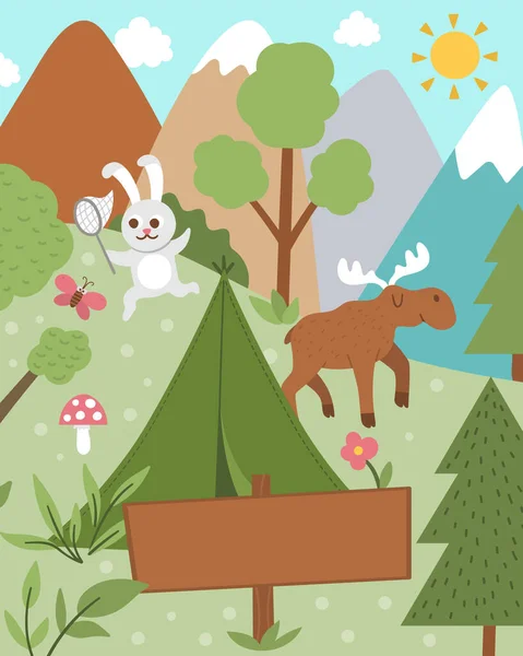 Cartão Acampamento Verão Com Animais Bonitos Floresta Barraca Placa Madeira —  Vetores de Stock