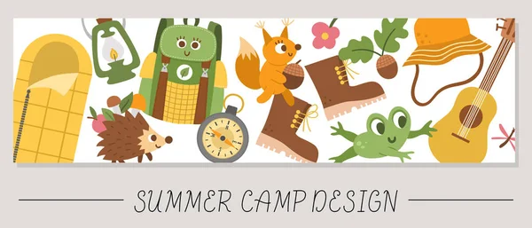 Cute Summer Camp Pozioma Karta Zwierzętami Leśnymi Elementów Kempingowych Sprzętu — Wektor stockowy
