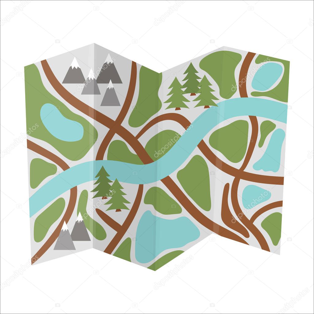 Vector flat illustration of map. Flat colored forest or woods guide icon. Travel object isolated on white background. Vacation infographic element