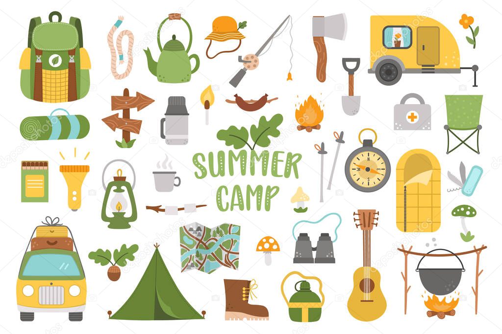Vector summer camp set. Camping, hiking, fishing equipment collection. Outdoor nature tourism icons pack with backpack, van, rod, clothes, fire place, sleeping bag. Forest travel elements