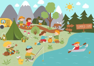Yaz etkinlikleri yapan sevimli çocuklarla kamp yapmak. Vector Ormanı sahnesi. Yürüyüş, balık tutma, rafting, şarkı söyleyen çocuklar. Aktif tatiller veya kartpostallar, reklamlar, prin için yerel turizm planı