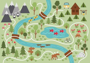 Kamp haritası. Yaz kampı geçmişi. Vector doğa klip sanatı veya dağları, ağaçları, ormanı, geyiği, nehri, bisikleti, teleferiği olan bilgi elementleri. Yürüyüş, yürüyüş ya da kamp ateşi planı.