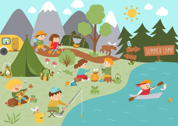 Yaz etkinlikleri yapan sevimli çocuklarla kamp yapmak. Vector Ormanı sahnesi. Yürüyüş, balık tutma, rafting, şarkı söyleyen çocuklar. Aktif tatiller veya kartpostallar, reklamlar, prin için yerel turizm planı