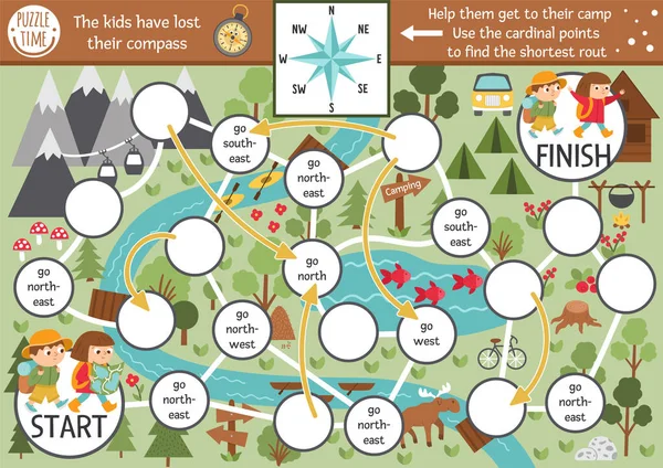 マップとコンパスポイントを持つ子供のための夏のキャンプダイスボードゲーム キャンプに行くハイキングの子供たちとのアクティブな休日ボードゲーム 家族旅行活動 自然の屋外印刷可能なワークシート — ストックベクタ