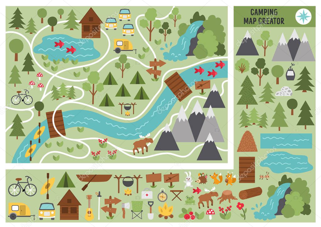 Camping map creator. Set of flat cartoon elements for constructing summer camp activity. Vector nature clip art with mountains, waterfall, trees, forest animals for hiking or campfire plan.