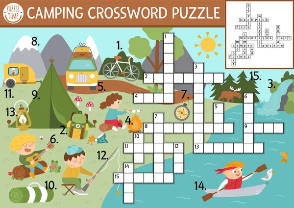 Vector Camping Crossword Puzzle Simple Summer Camp Quiz Forest Scene — Stock Vector