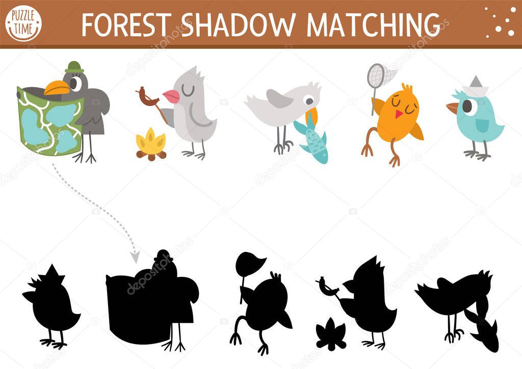 Forest Or Camping Shadow Matching Activity With Cute Animals Family Nature Trip Puzzle With Birds Raven With Map Seagull With Fish Find The Correct Silhouette Printable Worksheet Or Game Premium Vector