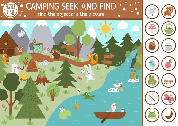 Vector Camping Juego Búsqueda Con Animales Lindos Bosque Encuentra Objetos — Vector de stock