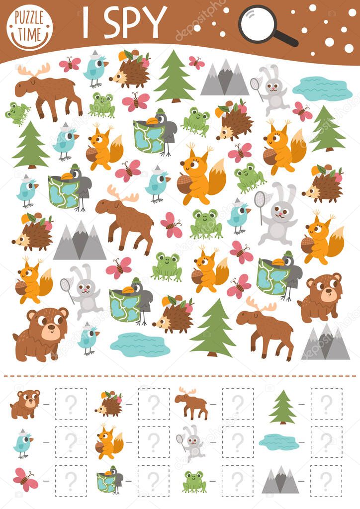 Forest I spy game for kids. Searching and counting activity for preschool children with woodland animals and nature elements. Funny printable worksheet for kids with birds and insects. Simple puzzle