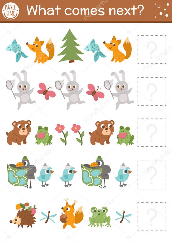 What comes next. Forest matching activity for preschool children with cute woodland animals. Funny educational puzzle. Logical worksheet. Continue the row game with rabbit, bear, frog, fox, bird