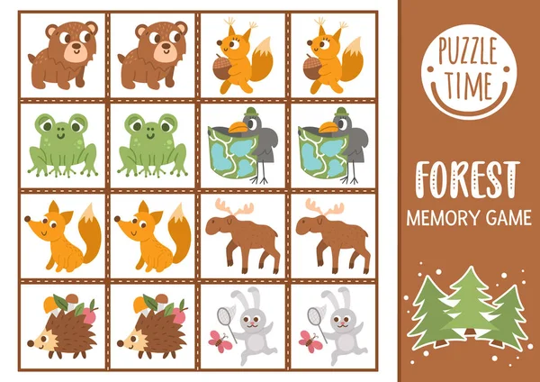 有可爱动物的病媒森林记忆游戏卡 林地匹配活动 记住并找到正确的卡片 供携带熊 兔子的儿童使用的简易野生动物可打印工作表 — 图库矢量图片