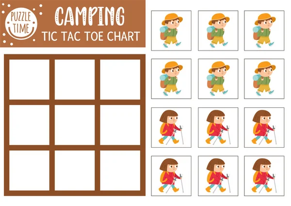 Vector Acampamento Verão Tic Tac Toe Chart Com Crianças Caminhadas —  Vetores de Stock