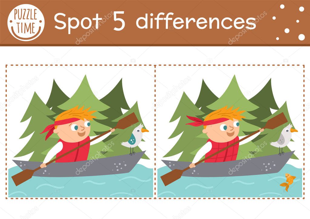 Find differences game for children. Summer camp educational activity with kid swimming in the boat. Printable worksheet with cute camping or forest scenery. Woodland preschool shee