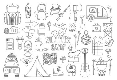 Vector black and white summer camp set. Camping, hiking, fishing equipment collection. Outdoor nature tourism outline icons pack with backpack, van, rod, clothes, fire place, sleeping bag. vector Vector black and white summer camp set. Camping, hiking, fishing equipment collection. Outdoor nature tourism outline icons pack with backpack, van, rod, clothes, fire place, sleeping bag. vector