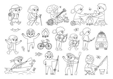 Cute hiking kids doing summer activities. Vector black and white summer camp set. Camping, fishing, rafting, trekking outline children collection. Outdoor nature tourism tourists icons pack vector Cute hiking kids doing summer activities. Vector black and white summer camp set. Camping, fishing, rafting, trekking outline children collection. Outdoor nature tourism tourists icons pack vector