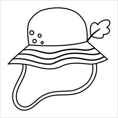 Summer black and white panama hat vector illustration. Cap icon with oak leaf. Hiking or camping head outfit isolated on white background. Outline clothes for active outdoor holidays and touris vector Summer black and white panama hat vector illustration. Cap icon with oak leaf. Hiking or camping head outfit isolated on white background. Outline clothes for active outdoor holidays and touris vector