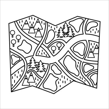 Vector black and white illustration of map. Outline forest or woods guide icon. Travel object isolated on white background. Line art vacation infographic element vector Vector black and white illustration of map. Outline forest or woods guide icon. Travel object isolated on white background. Line art vacation infographic element vector