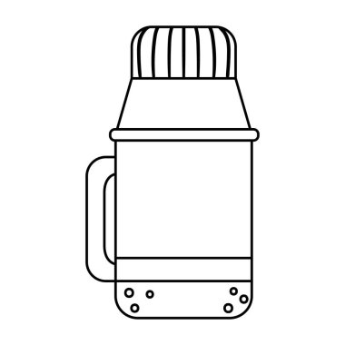 Vector black and white thermos bottle isolated on white background. Winter or camping traditional warming drink outline illustration. Hiking hot beverage or tea flask line icon vector