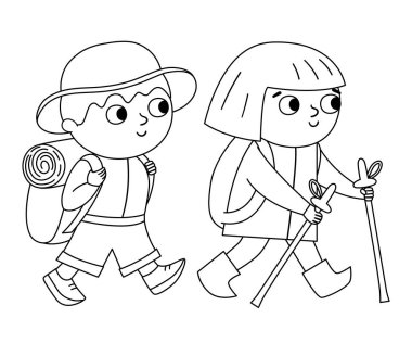 Vector black and white cute boy and girl with backpack. Hiking travelers isolated on white background. Outline tourists icon. Cute line kids doing summer camp activity. Funny hiker illustratio clipart