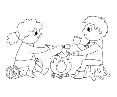 Vector black and white boy and girl sitting by the fire and frying sausage and marshmallow. Campfire outline activity scene with kids. Summer camp travelers isolated on white background vector Vector black and white boy and girl sitting by the fire and frying sausage and marshmallow. Campfire outline activity scene with kids. Summer camp travelers isolated on white background vector