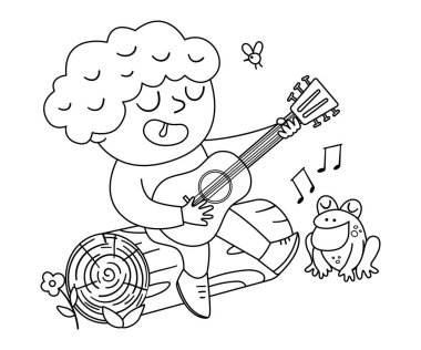 Vector black and white cute boy playing the guitar and singing sitting on a log. Campfire scene with kid and frog. Outline traveler isolated on white background. Outdoor or summer camp tourist icon. vector Vector black and white cute boy playing the guitar and singing sitting on a log. Campfire scene with kid and frog. Outline traveler isolated on white background. Outdoor or summer camp tourist icon. vector