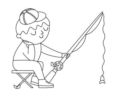 Vector black and white boy sitting on a folding chair and fishing. Outline campfire activity scene with cute kid and rod. Traveler isolated on white background. Summer camp tourist icon. vector Vector black and white boy sitting on a folding chair and fishing. Outline campfire activity scene with cute kid and rod. Traveler isolated on white background. Summer camp tourist icon. vector