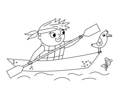 Vector black and white kayaking boy. Campfire line rafting scene with cute kid in a boat with paddle and seagull. Outdoor water activity or summer camp tourist or traveler outline icon. vector Vector black and white kayaking boy. Campfire line rafting scene with cute kid in a boat with paddle and seagull. Outdoor water activity or summer camp tourist or traveler outline icon. vector