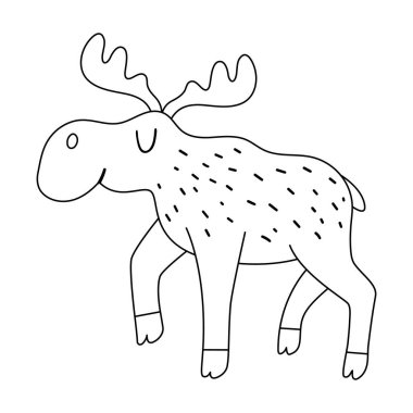 Vector black and white moose. Funny woodland animal. Cute forest line illustration for kids isolated on white background. Adorable outline walking elk ico vector