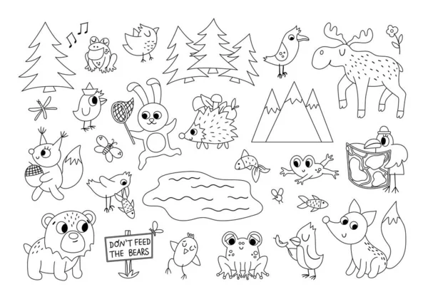 Siyah ve beyaz orman hayvanlarını, böcekleri ve kuşları taşıyın. Ormanlık arazide kamp ateşi ikon koleksiyonu. Dağları, ağaçları, geyiği, kurbağası, ayısı olan çocuklar için şirin orman çizgisi çizimi