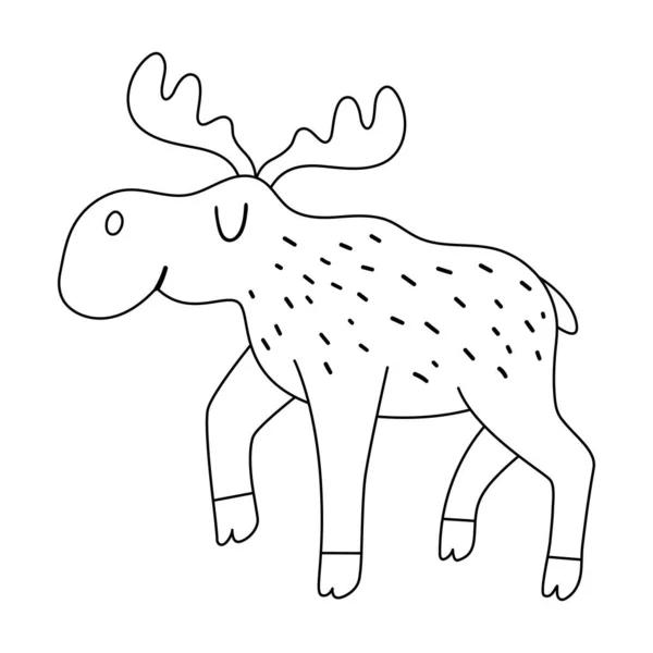 病媒黑白相间 有趣的林地动物 给那些在白色背景下被隔离的孩子们画可爱的森林线条 可爱的麋鹿行走轮廓 — 图库矢量图片