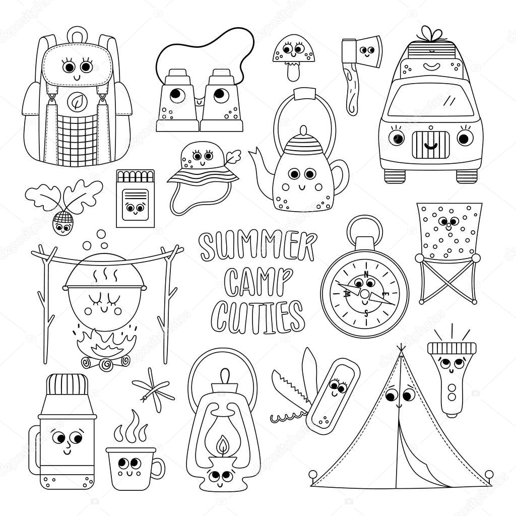 Vector black and white summer camp kawaii elements set. Camping, hiking, fishing equipment collection. Outdoor nature tourism outline icons pack with backpack, van, ten