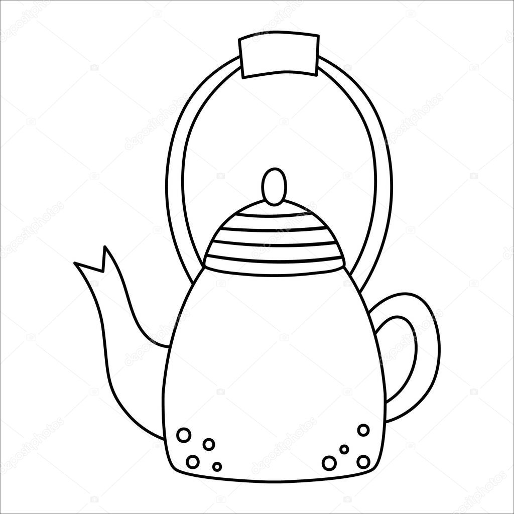 Vector black and white teapot icon. Kawaii tea pot illustration. Outline kettle isolated on white background. Linear art kitchen or hiking equipment
