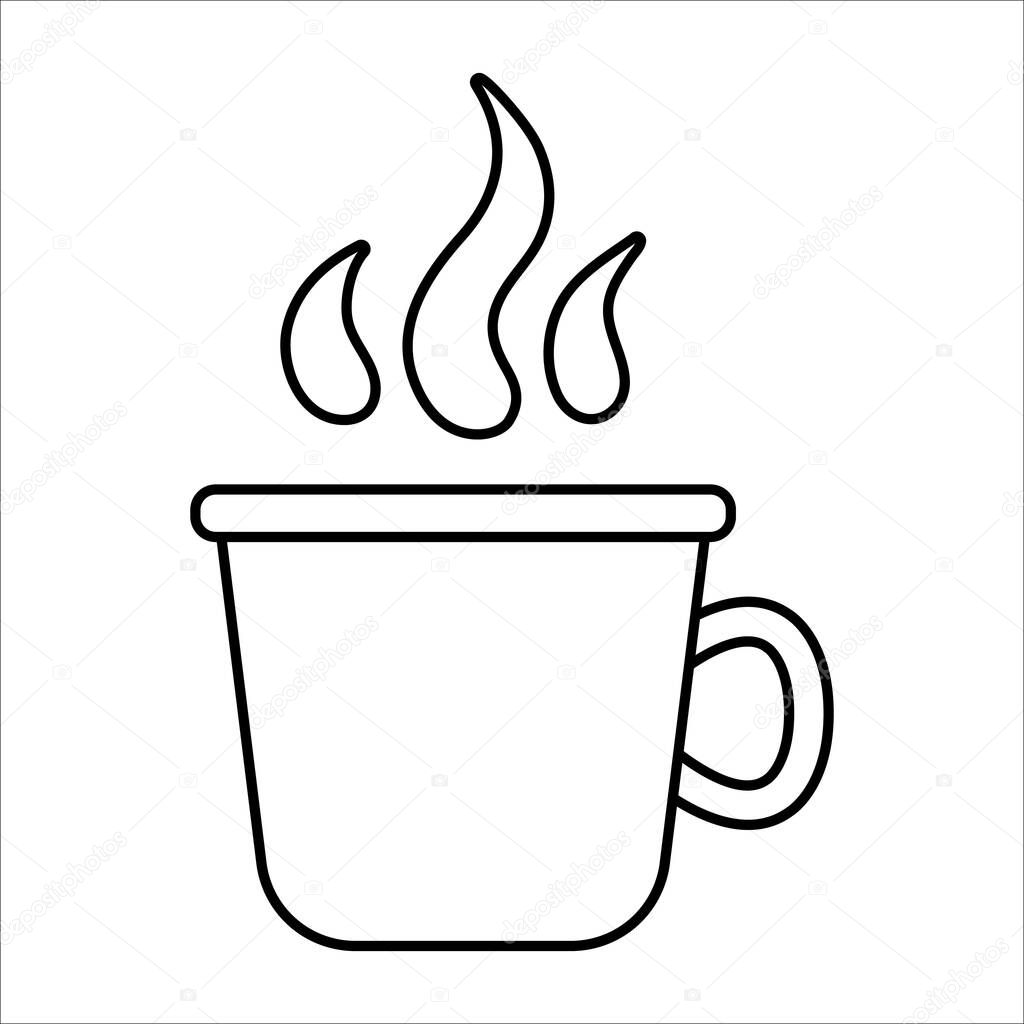 Vector black and white cup with steam isolated on white background. Winter or camping traditional warming drink outline illustration. Hiking hot beverage or tea line icon.