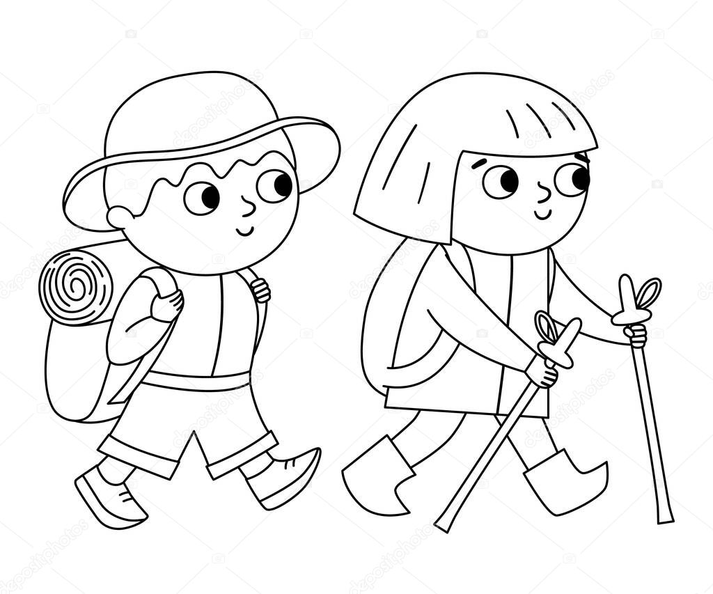 Vector black and white cute boy and girl with backpack. Hiking travelers isolated on white background. Outline tourists icon. Cute line kids doing summer camp activity. Funny hiker illustratio